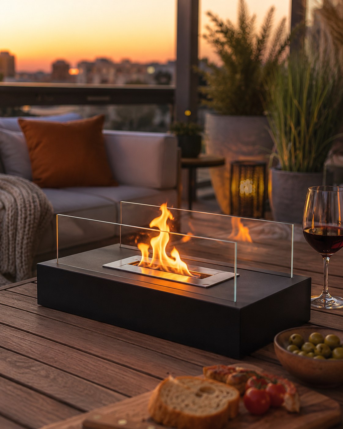 NADUO bio-ethanol tafelhaard in het zwart op een terras bij zonsondergang